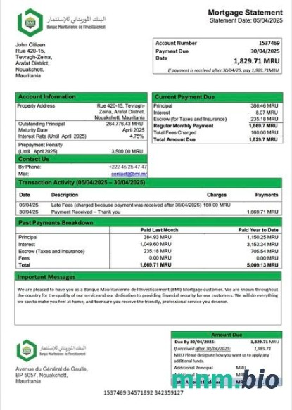 Mauretania Banque Mauritanienne de l'Investissement (BMI) wyciąg z kredytu hipotecznego szablon Word i PDF